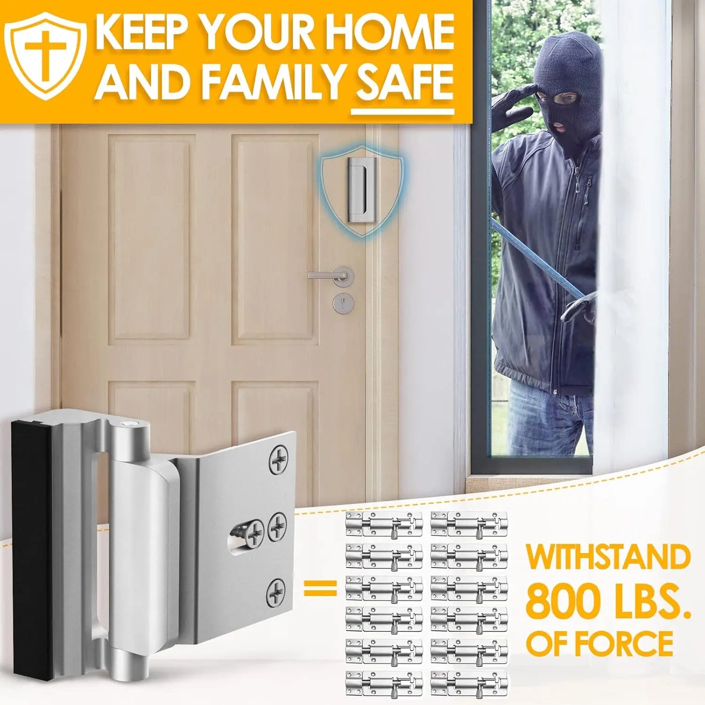 2 Pack Home Security Door Lock Withstand 800 lbs for Inward Swinging Door,Reinforcement Lock with 8 Screws to Prevent Unauthorized Entry